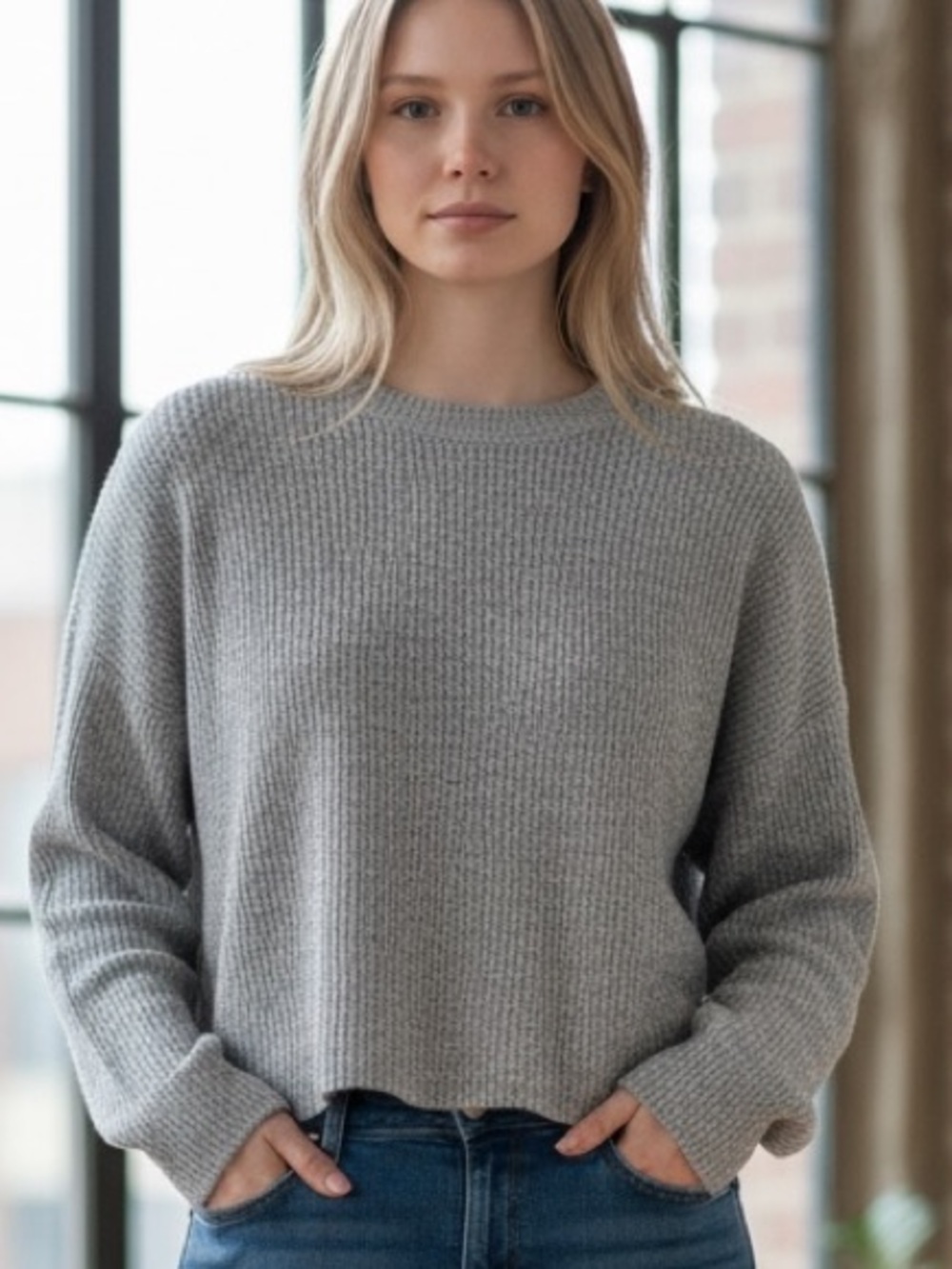 Zara Light Gray Crewneck Textured Knit Sweater